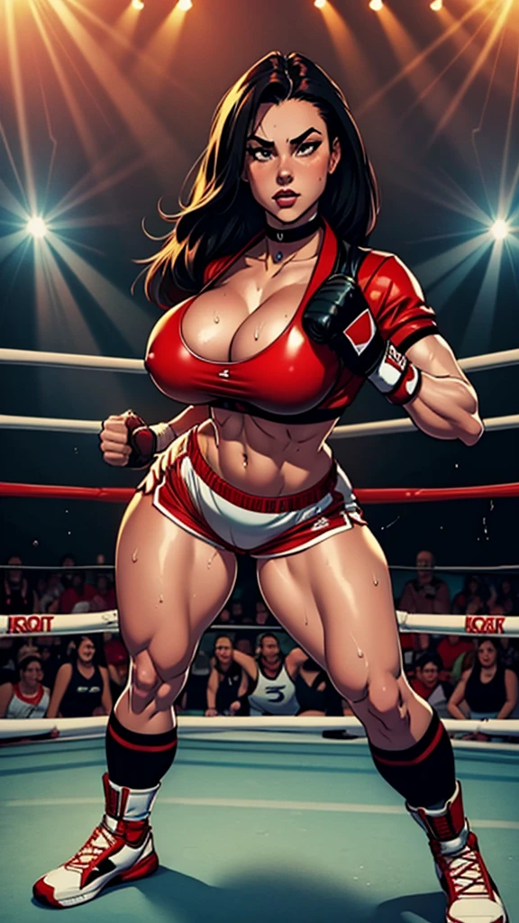 18 years old sporty woman, red shorts, red open jacket, black micro sports bra, fighting pose, sexy busty muscular body, slim waist, large breasts, thick bust, thick thighs, full body, bob length hair, sweating, in boxing ring, black boots, choker necklace, nsfw,
