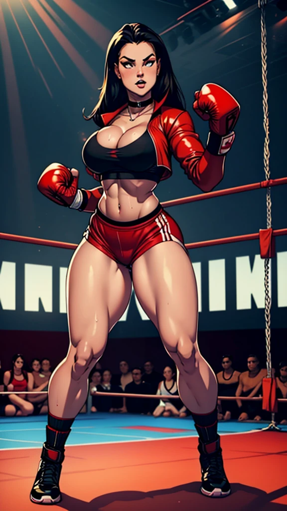 18 years old sporty woman, red shorts, red open jacket, black micro sports bra, fighting pose, sexy busty muscular body, slim waist, large breasts, thick bust, thick thighs, full body, bob length hair, sweating, in boxing ring, black boots, choker necklace, nsfw,