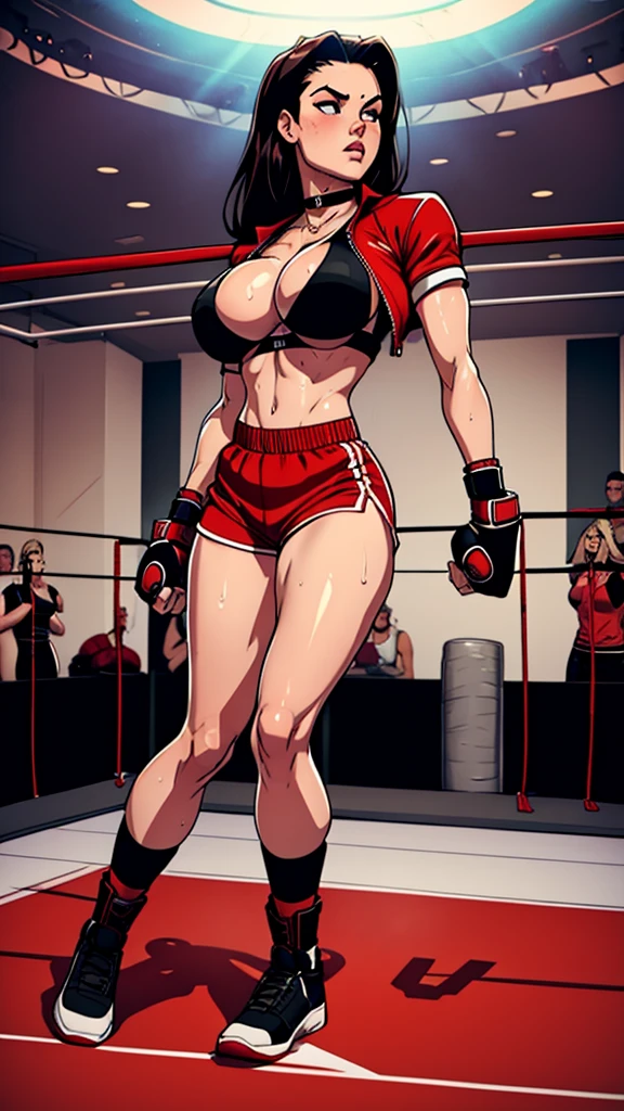 18 years old sporty woman, red shorts, red open jacket, black micro sports bra, fighting pose, sexy busty muscular body, slim waist, large breasts, thick bust, thick thighs, full body, bob length hair, sweating, in boxing ring, black boots, choker necklace, nsfw,