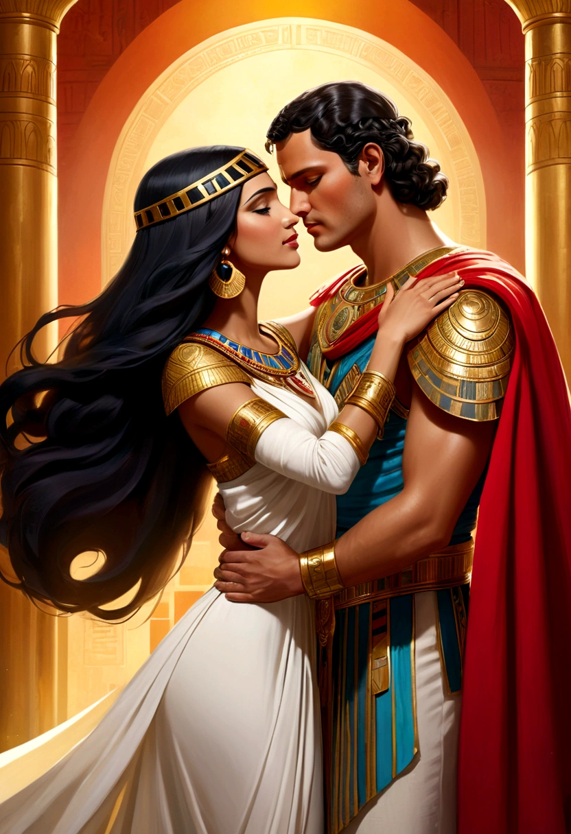 The thumbnail shows two historical figures in a romantic pose, with touches of glamor and passion. They are close, with their foreheads almost touching, suggesting an intimate and passionate moment. Cleopatra, with long, loose hair, wears an ornate and majestic garment, typical of an ancient Egyptian queen. Your outfit is rich in golden details, with a light and fluid fabric, adorned with shining jewels. Julio Cesar, in a representation more consistent with reality, wears a white tunic and a red cape, symbolizing a Roman military leader. Your outfit is simple, but remarkable, reflecting their position of power and authority. Red hearts float around the couple, highlighting the theme of romance and love. The thumbnail title is in large, colorful letters, saying "love story" with vibrant colors, that highlight the intensity and emotion of the relationship portrayed.