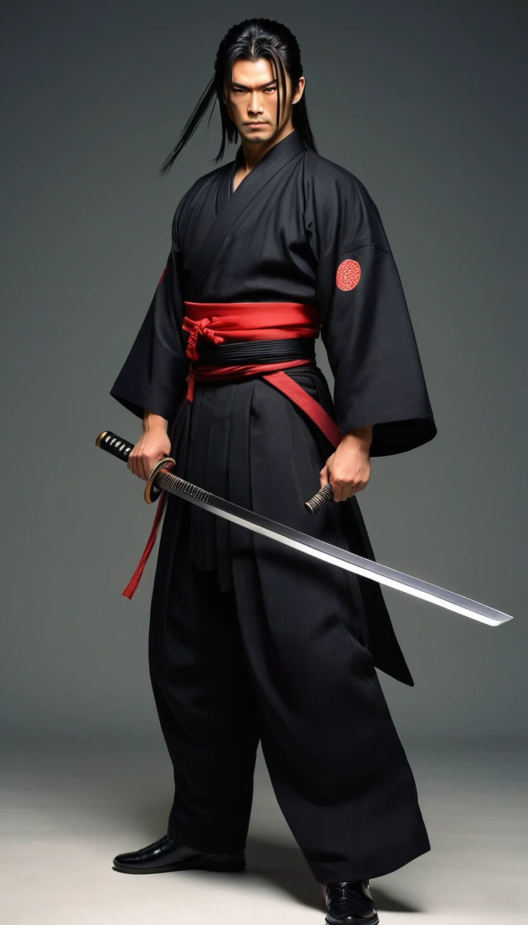 1samurai standing, (pulling Japanese sword from sheath on waist), (dressed like a futuristic samurai) (black hakama), mature male, /(long black hair tied up/) bangs, cool expression, (Serious smile:0.5), dignified, (masterpiece best quality:1.2) delicate illustration ultra-detailed, (holding (katana sword:1.2)), (blade shimmering), (holding sword sheath) BREAK , \(black and red, Japanese style)
