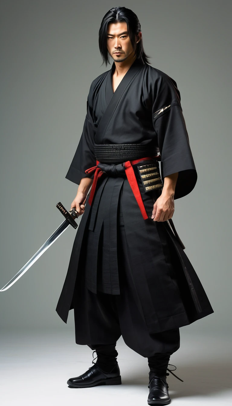 1samurai standing, (pulling Japanese sword from sheath on waist), (dressed like a futuristic samurai) (black hakama), mature male, /(long black hair tied up/) bangs, cool expression, (Serious smile:0.5), dignified, (masterpiece best quality:1.2) delicate illustration ultra-detailed, (holding (katana sword:1.2)), (blade shimmering), (holding sword sheath) BREAK , \(black and red, Japanese style)