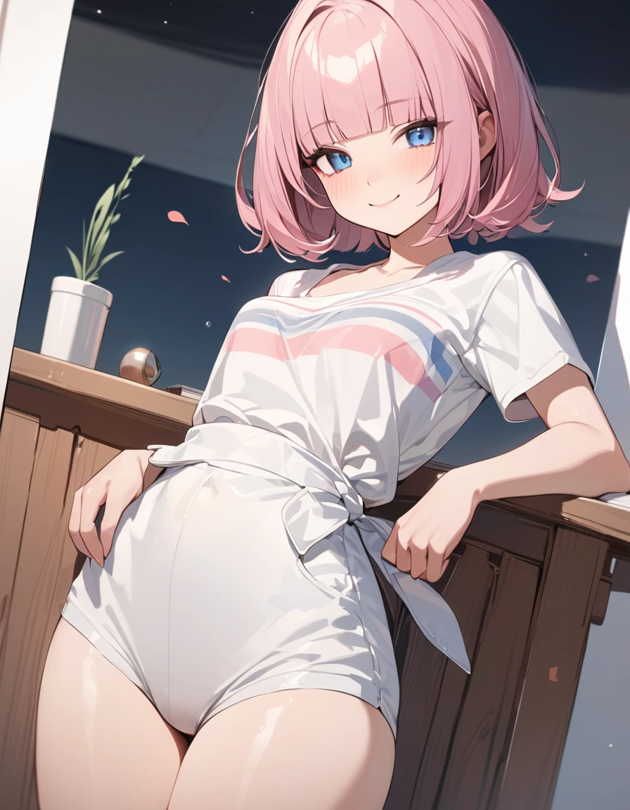 masterpiece, best quality, ultra-detailed, 1girl, pink hair, short hair, ((blunt bangs)), flipped hair, (jitome), blue eyes, Medium chest、slim、Cowboy Shot、smile 、