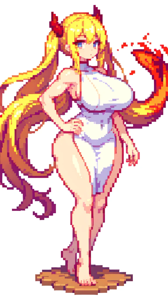 claw pose,{{long legs}},devil,barefoot,{{very muscular}},{{very gigantic breasts}} ,{{very curvy}} , ,masterpiece , best quality , pixel art , 1 girl ,{full body},  voluptuous ,twintails,blonde hair ,white dress,white background