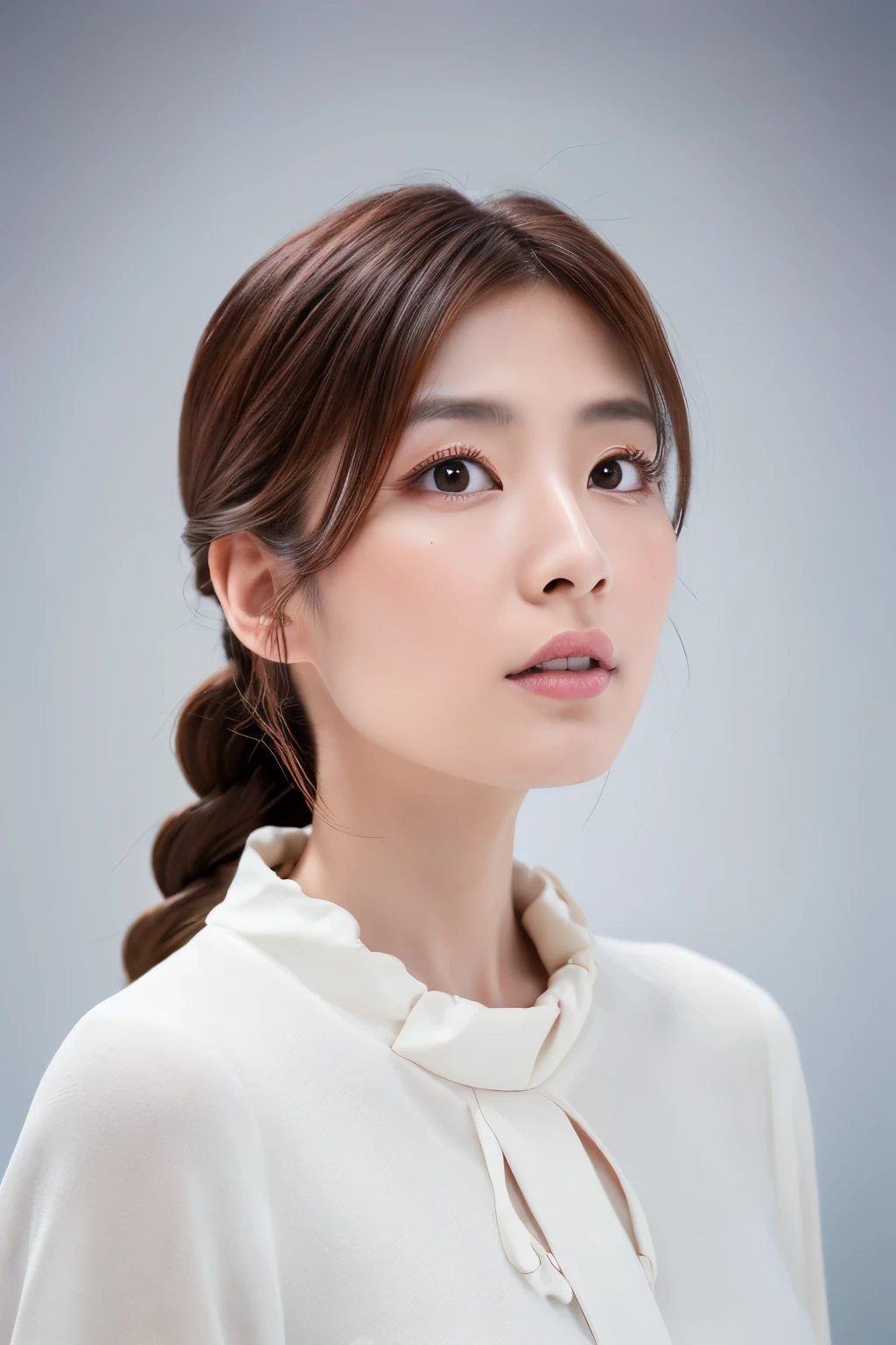 Masterpiece, high quality, high resolution, 8K, HD, creative photo, ((Correct human body structure)), (detailed face, detailed eyes), A Japanese woman, 30 years old, braid hair, white blouse, various background color