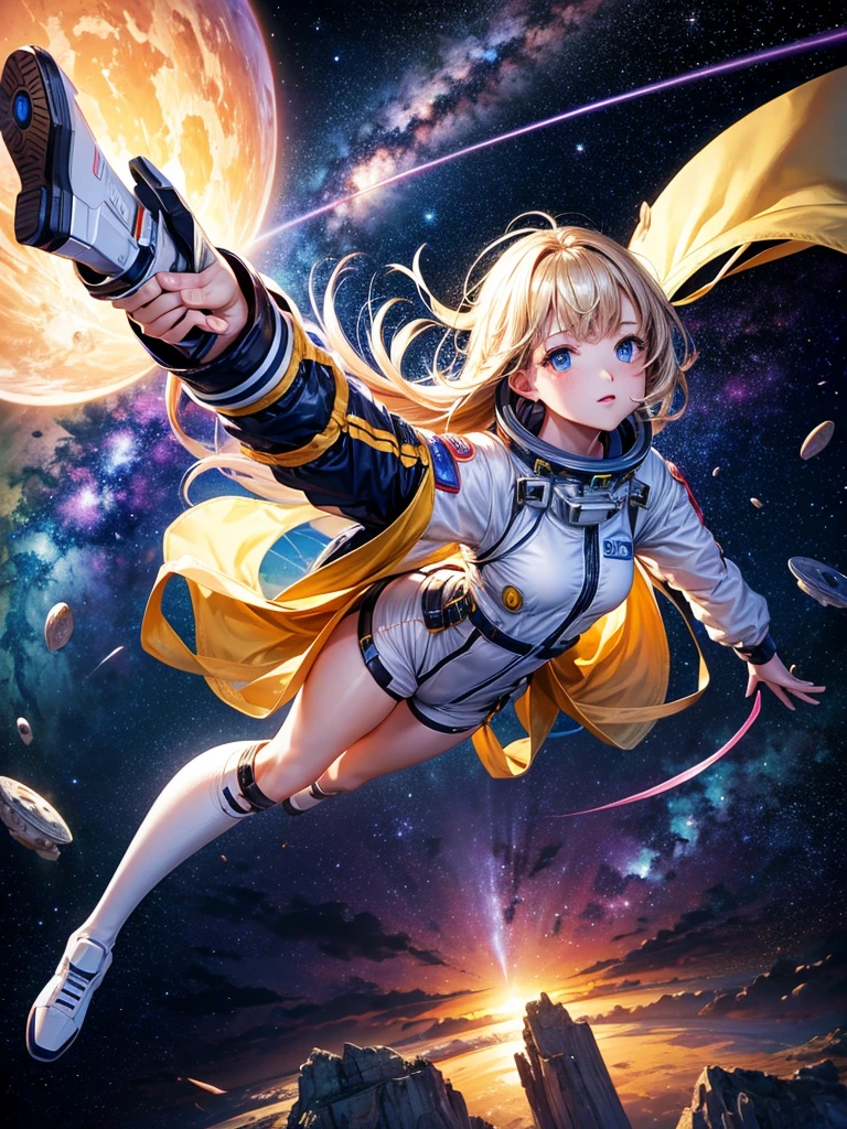 Highest quality,Highest Resolution,A beautiful android girl flying in space,Earth in the background,Milky Way,