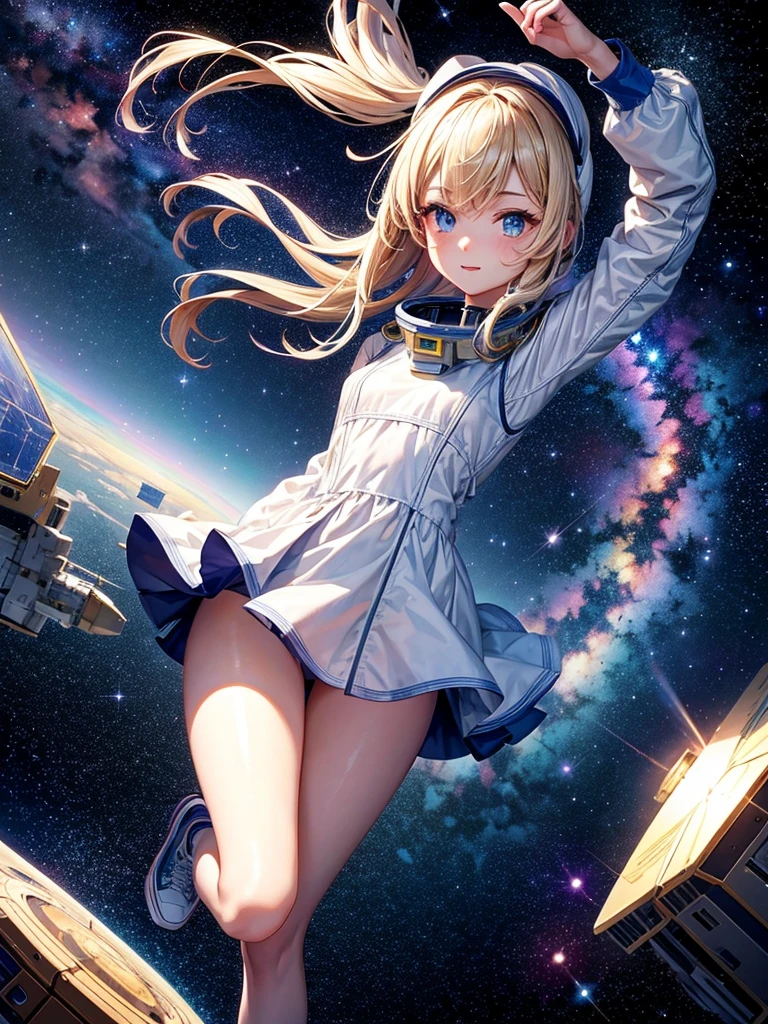 Highest quality,Highest Resolution,A beautiful android girl flying in space,Earth in the background,Milky Way,