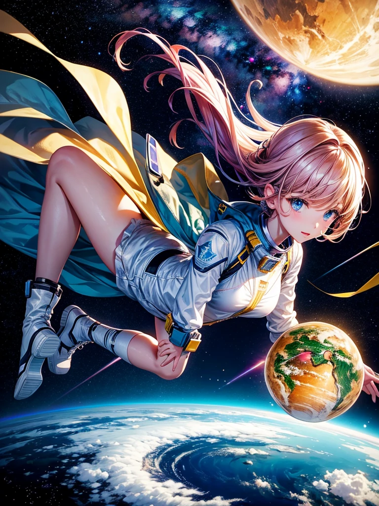 Highest quality,Highest Resolution,A beautiful android girl flying in space,Earth in the background,Milky Way,