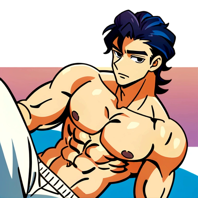 A 24 year old man, has a masculine, muscular body and a six pack, not wearing clothes, dark blue hair with, black eye color, big nose, wearing white trousers, his gaze was seductive, sitting pose facing the camera, has a cute handsome face, hair medium layerd style, art style anime 2D.