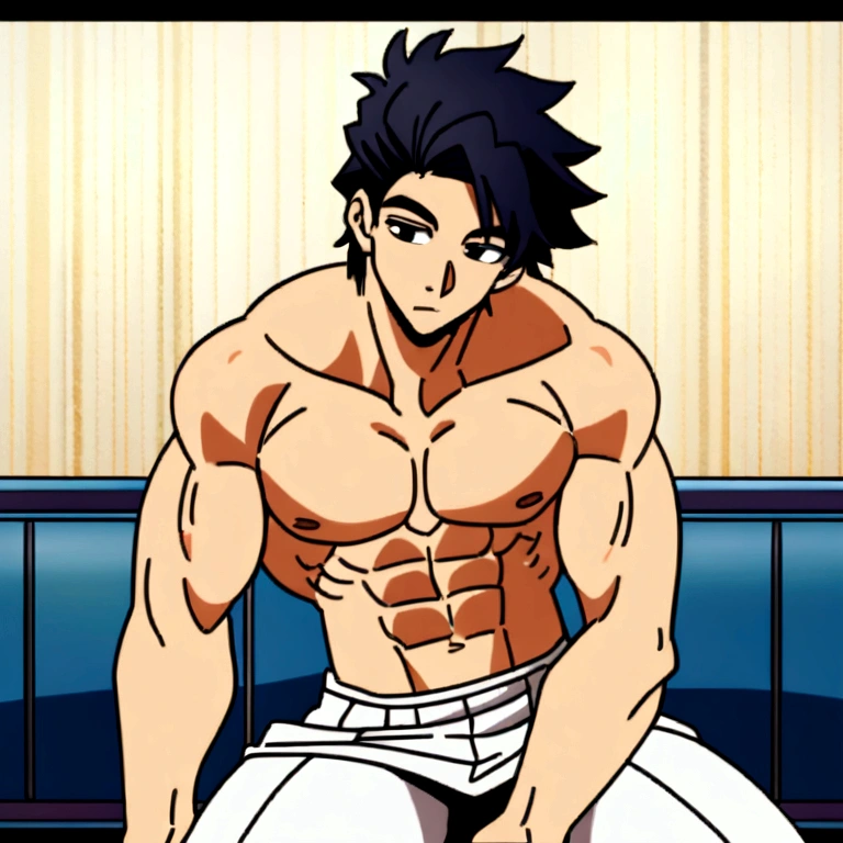 A 24 year old man, has a masculine, muscular body and a six pack, not wearing clothes, dark blue hair with, black eye color, big nose, wearing white trousers, his gaze was seductive, sitting pose facing the camera, has a cute handsome face, hair medium layerd style, art style anime 2D.