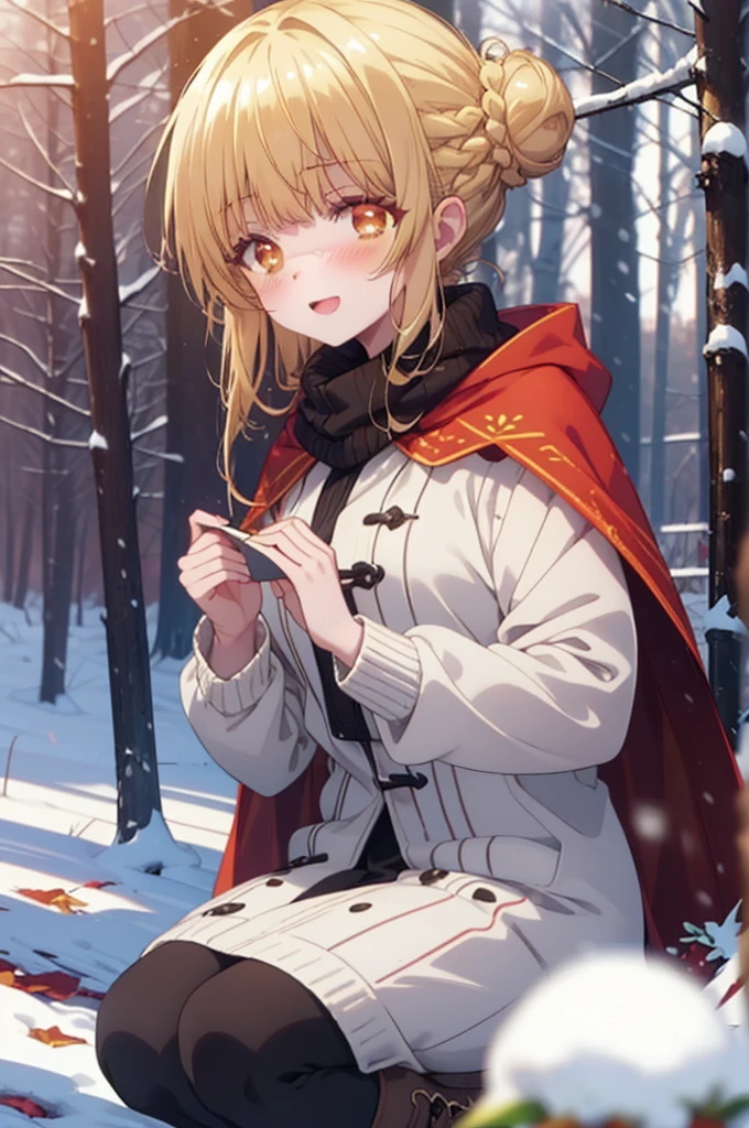 This is Mahirushiina, Mahiru Shiina, blonde, (Brown eyes:1.7), Long Hair, happy smile, smile, Open your mouth,Hair Bun, single Hair Bun,blush,White Breath,
Open your mouth,snow,Ground bonfire, Outdoor, boots, snowing, From the side, wood, suitcase, Cape, Blurred, Increase your meals, forest, White handbag, nature, Squat, Mouth closed, フードed Cape, winter, Written boundary depth, Black shoes, red Cape break looking at viewer, Upper Body, whole body, break Outdoor, forest, nature, break (masterpiece:1.2), Highest quality, High resolution, unity 8k wallpaper, (shape:0.8), (Beautiful and beautiful eyes:1.6), Highly detailed face, Perfect lighting, Extremely detailed CG, (Perfect hands, Perfect Anatomy),