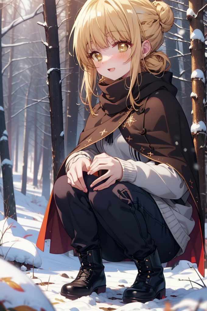 This is Mahirushiina, Mahiru Shiina, blonde, (Brown eyes:1.7), Long Hair, happy smile, smile, Open your mouth,Hair Bun, single Hair Bun,blush,White Breath,
Open your mouth,snow,Ground bonfire, Outdoor, boots, snowing, From the side, wood, suitcase, Cape, Blurred, Increase your meals, forest, White handbag, nature,  Squat, Mouth closed, フードed Cape, winter, Written boundary depth, Black shoes, red Cape break looking at viewer, Upper Body, whole body, break Outdoor, forest, nature, break (masterpiece:1.2), Highest quality, High resolution, unity 8k wallpaper, (shape:0.8), (Beautiful and beautiful eyes:1.6), Highly detailed face, Perfect lighting, Extremely detailed CG, (Perfect hands, Perfect Anatomy),