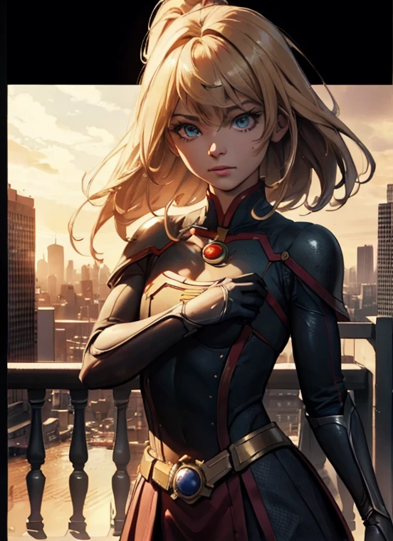 Supergirl, Above the city, Prepare for battle, Detailed technical photography, Beautiful detailed face, Dreamy, Yeshuaing, Backlit, luster, Yeshua, Shadows, oil on canvas, Brush strokes, downy, High quality, 8 kilos, Unreal Engine 5, Ultra-sharp focus, Artgerm, Loish, sixth, complicated art masterpiece, to threaten, Matte coating film poster, Golden Ratio, Trends in the cg community, complicated, epic, Very detailed, vibrant, Producing the presentation of cinematic characters, Very high quality model