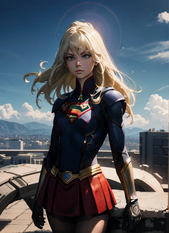 Supergirl, Above the city, Prepare for battle, Detailed technical photography, Beautiful detailed face, Dreamy, Yeshuaing, Backlit, luster, Yeshua, Shadows, oil on canvas, Brush strokes, downy, High quality, 8 kilos, Unreal Engine 5, Ultra-sharp focus, Artgerm, Loish, sixth, complicated art masterpiece, to threaten, Matte coating film poster, Golden Ratio, Trends in the cg community, complicated, epic, Very detailed, vibrant, Producing the presentation of cinematic characters, Very high quality model  