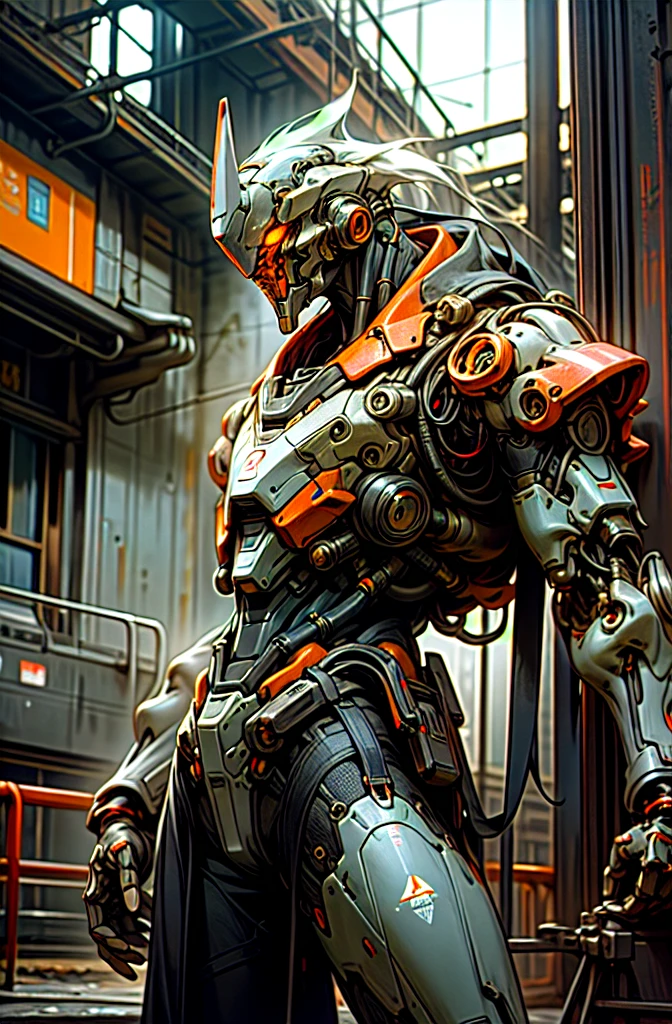 Dark_Fantasy,Cyberpunk,(chain saw,chain saw man,Red:1.1),1man,Mechanical marvel,Robotic presence,Cybernetic guardian, wearing a worn-out mech suit, intricate, (steel metal [rusty]), elegant, clear focus, shot by greg rutkowski, soft lighting, vibrant colors, masterpiece, ((street)), cowboy shot, dynamic pose,