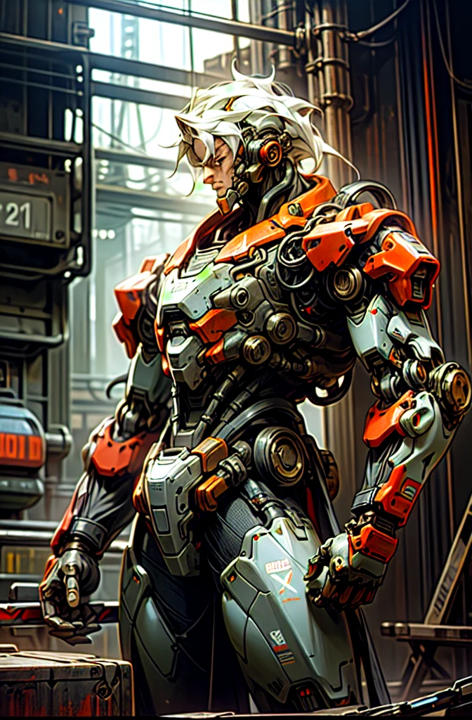Dark_Fantasy,Cyberpunk,(chain saw,chain saw man,Red:1.1),1man,Mechanical marvel,Robotic presence,Cybernetic guardian, wearing a worn-out mech suit, intricate, (steel metal [rusty]), elegant, clear focus, shot by greg rutkowski, soft lighting, vibrant colors, masterpiece, ((street)), cowboy shot, dynamic pose,