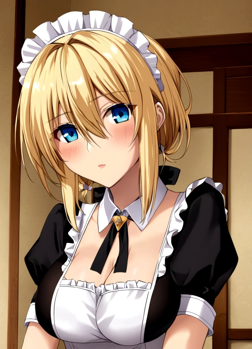 Prompt: score_9, misaki kurehito:1.5, official art, masterpiece, absurdres, anime screencap:1.5, 1girl, :o, ahoge, apron, arm support, black dress, black ribbon, black thighhighs, blonde hair, breasts, choker, cleavage, dress, frilled choker, frills, green eyes, indoors, leaning forward, maid, maid apron, maid headdress, neck ribbon, puffy short sleeves, puffy sleeves, ribbon, seiza, short sleeves, sidelocks, sitting, small breasts, solo, stairs, thighhighs, zettai ryouiki, indoors,

