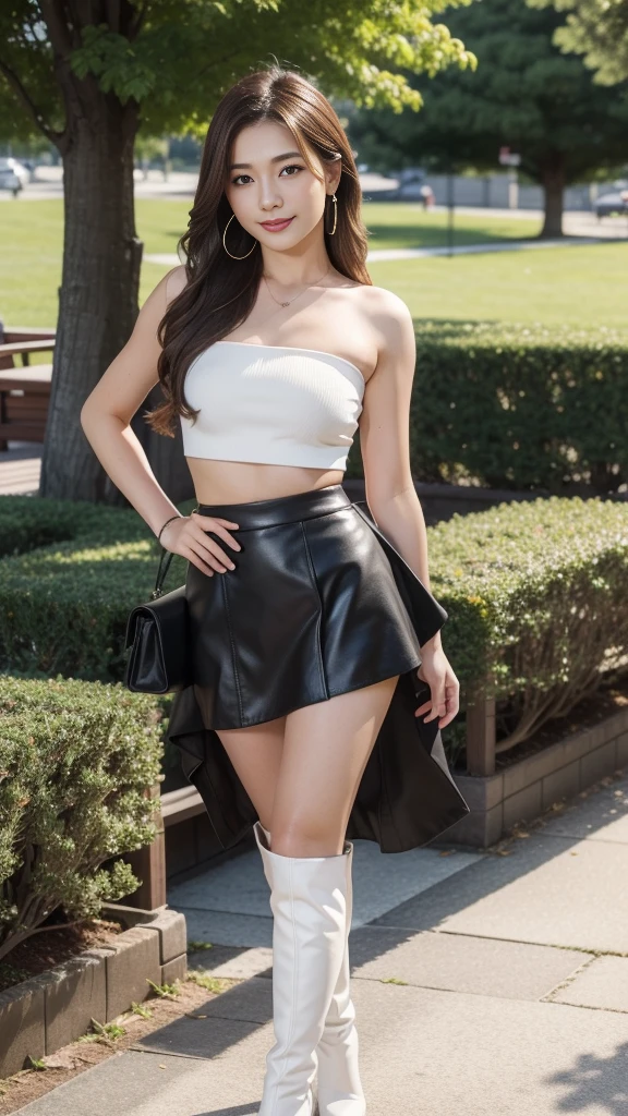 （Brown layered wavy hair）,Heavy makeup、(18 year old,two females,Japanese):1.2、8K, Seductive smile,tall：1.4、a small face、Nikon Z 85mm, ((Best Quality)) ,((masterpiece)), intricate detailes, Professional, Realistic, Photorealistic、 ((Strapless,Baretop midriff,Sexy mini skirt))：1.2、（Walking in the park）:1.2, large earring、（White Stretch knee boots with high stiletto heels、Pointed toe）：1.2、Full body shot