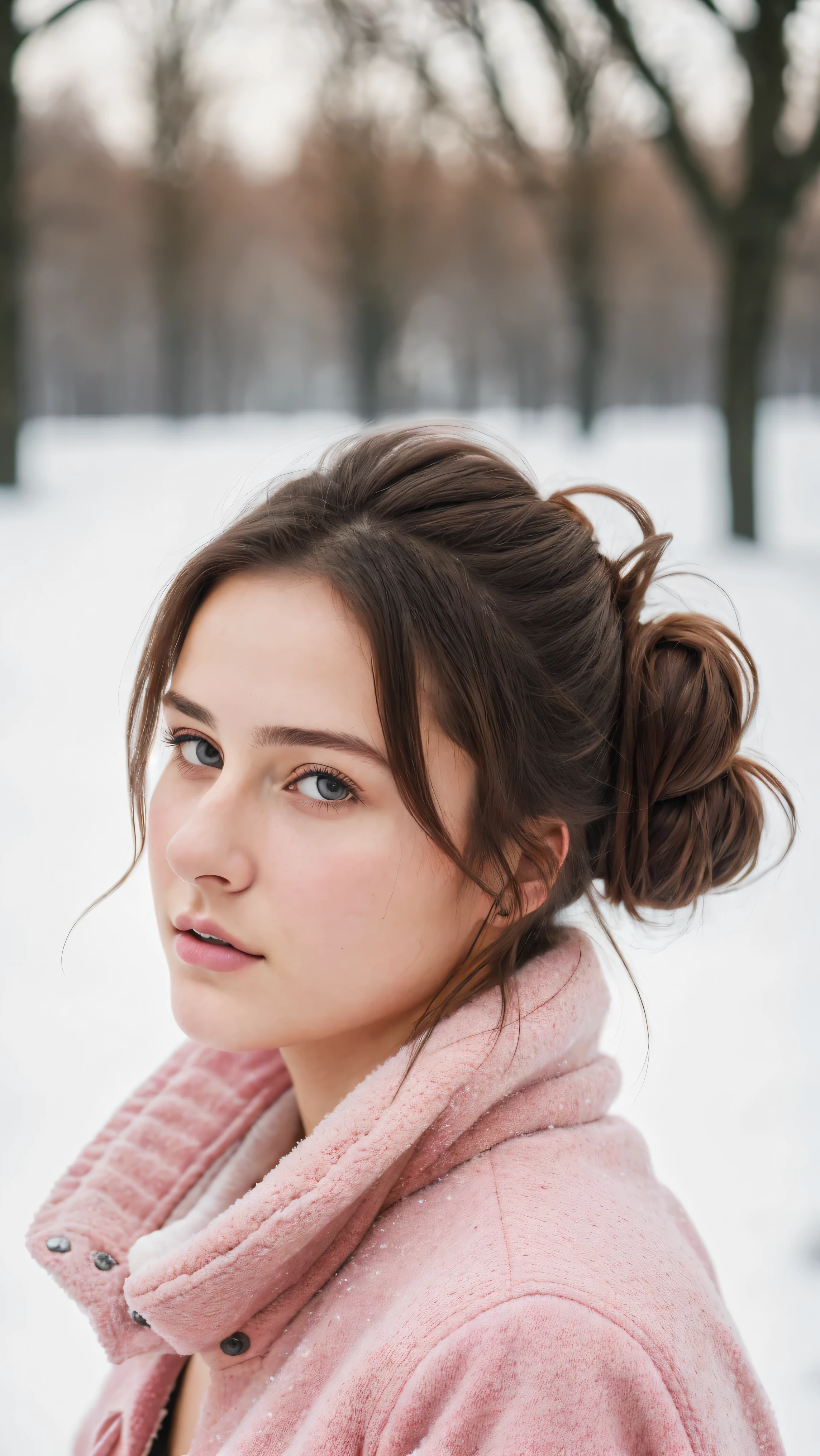Portraiture, 20 year old brunette german girl, Sexy and attractive expression, Wearing a pink shirt, Messy bun, 8k, highest quality, masterpiece, (Looking into the camera:1.3), photograph, (beautiful), realistic skin, realistic skin texture, big breast, fair, bright, cold weather, winters,
