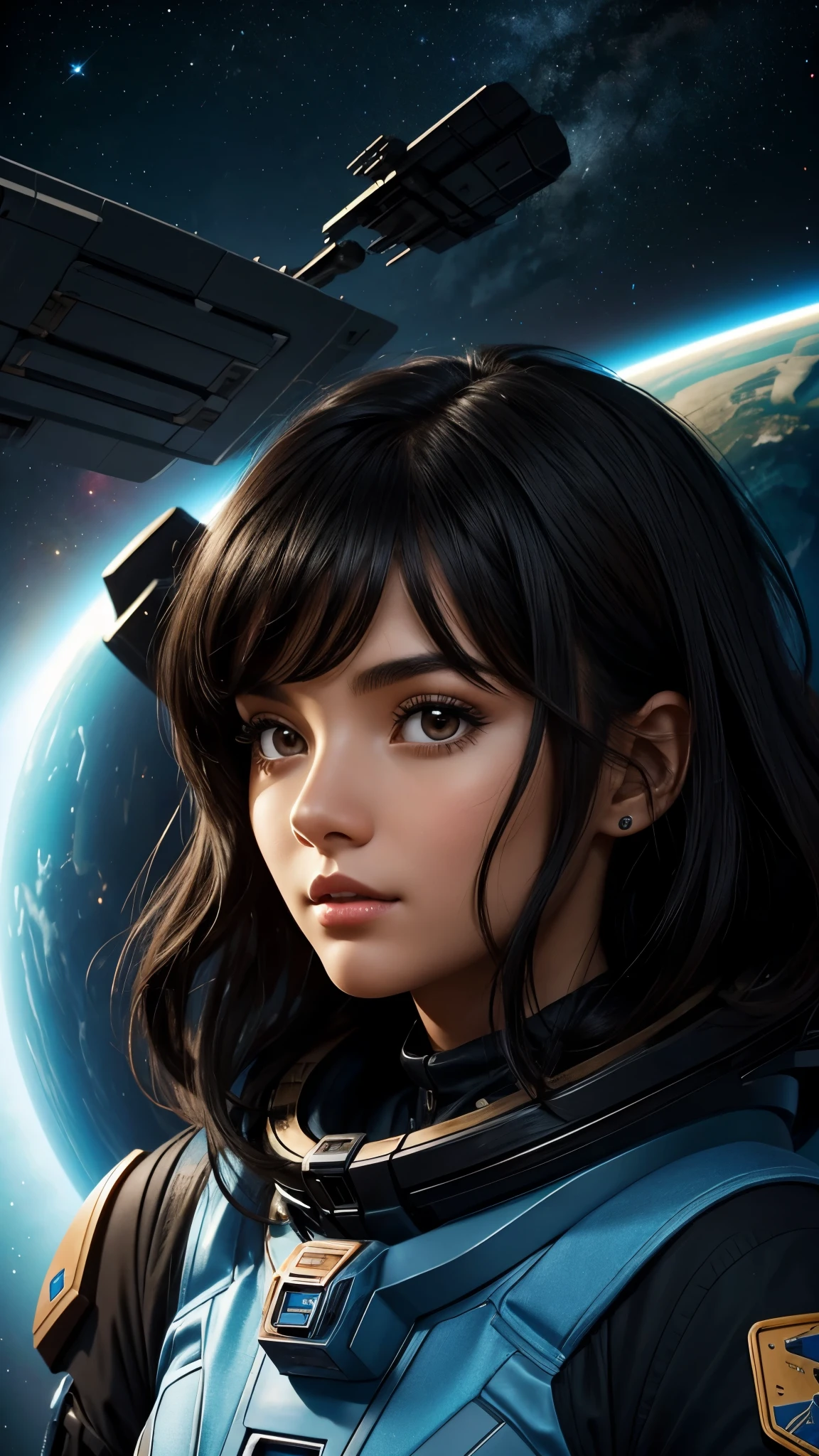 Beautiful black-haired girl with brown eyes and hair wearing space clothes inside a ship
