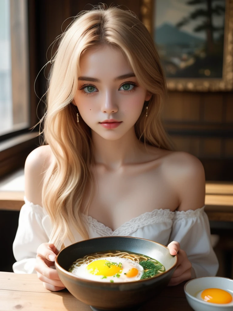 (2 girls) (Two 18-year-olds.o Swedish girls are mysterious, slim and beautiful、Attractive and shy),Holding chopsticks, Eat ramen, Multiple large bowls of steaming hot:1.5 bowls of ramen, Sweaty and oily skin, Subtle laughter,Looking straight at the camera, Perfect slim face,narrow jaw,Highest quality, Professional Lighting, Very detailed, Realistic、Fried egg、Seaweed、Served in an ornate, high-quality porcelain bowl, Upper Body,Beautiful and detailed green eyes,Long golden blonde hair,Blonde eyebrows, smokey eye shadow, Wearing a tube top with white lace strings visible through it,Bare shoulders, Sunburned face, , Rustic wooden table top, A gorgeous art museum with paintings on the walls, Bokeh, Strong sunlight from the window,(Outside the window it is snowing):1.3,Tokyo,God's Rays, Backlit hair, Vintage 2000s RAW photos, photoRealistic, Film Grain, hidden camera, Color graded film-like, Eye-catching light, Atmospheric lighting, Macro photography, Skin pores, Imperfection, nature, Shallow depth of field