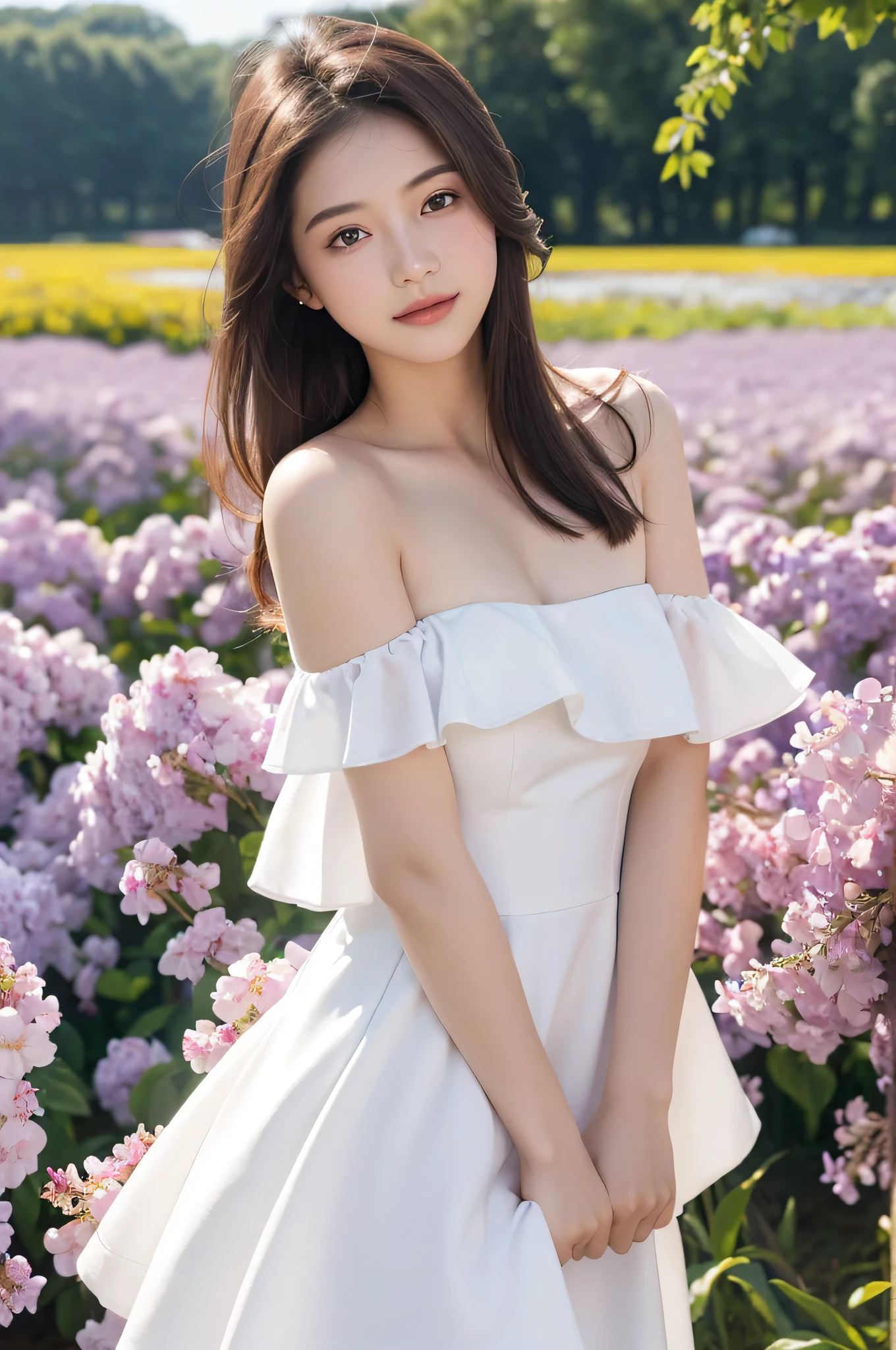 best quality, masterpiece, Ultra-high resolution, (Reality:1.4), RAW photos, 1 Girl, White Dress, Off-shoulder, Blooming violet flower field, Radiant Skin, A faint smile