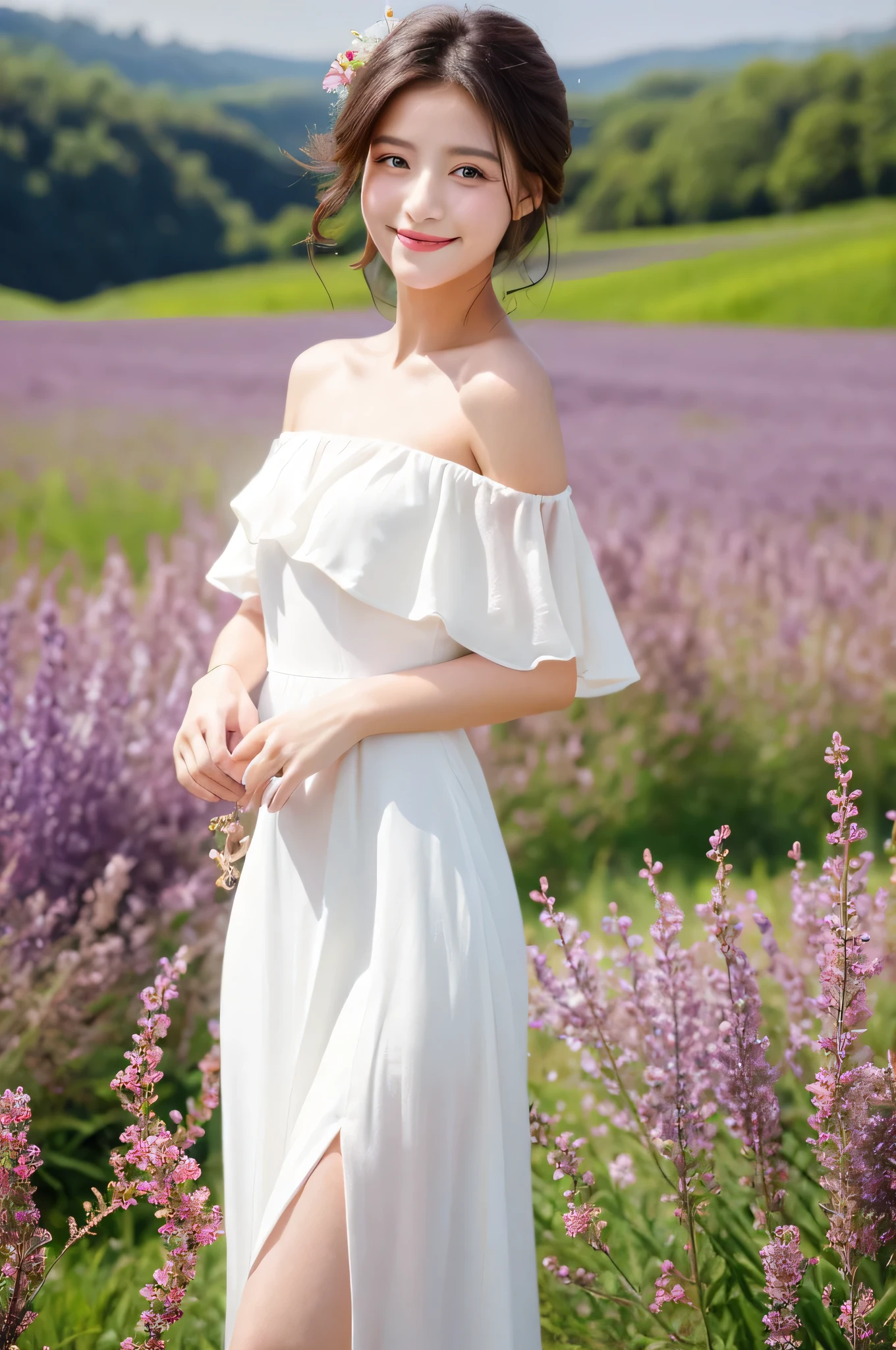 best quality, masterpiece, Ultra-high resolution, (Reality:1.4), RAW photos, 1 Girl, White Dress, Off-shoulder, Blooming violet flower field, Radiant Skin, A faint smile