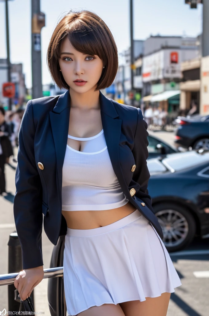 a 23 year old face of the most beautiful actress in the world, the perfect body proportions of a female, short hair cut above the ears for a female, blazer being worn on shirt is tight thanks to large breasts, panties between bare legs are seen just a little thanks to skirt is too short, bare thighs are erotic, the outfit is covering whole upper body, at the city street, standing, nsfw, best quality, highly detailed, masterpiece, ultra high res, photo realistic, 8k