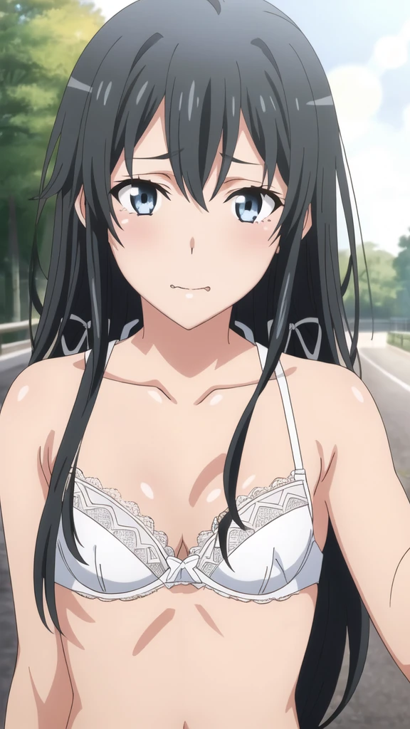 {yukinoshita_yukino_yahariorenoseishunlovecomewamachigatteiru:1.15},black hair, blue_eyes, , 1 girl,,alone, hair between eyes,(torn white shirt,white lace bra,:1.4),, bare shoulders,, cleavage,thighhighs,long hair, ((ecstasy face:1.5)) , beautiful light, half eye closed, close up face,cry　　　　　　　　　　　　　　　　　　　　　　　　　　　　　　　　　　　　　　　　　　　　　　　　　　　　　　　　　　                beautiful upper body, Beautiful body, beautiful character design, perfect eyes, Perfect face, expressive eyes, looking at the viewer,(lie on road),in the center of the image, official art,High Definition CG Unity, Perfect lit, bright_front_face_lit, ,(Highest_quality:1.0),4k,Super detailed, photograph, 8K, nffsw, High resolution, absurd:1.2, kodak portrait 400, film grain, Lens flare, (lively_color:1.2) (beautiful,small breasts:1.4), (beautiful_face:1.3),(narrow_waist),blush, ((detail nipple)),, 