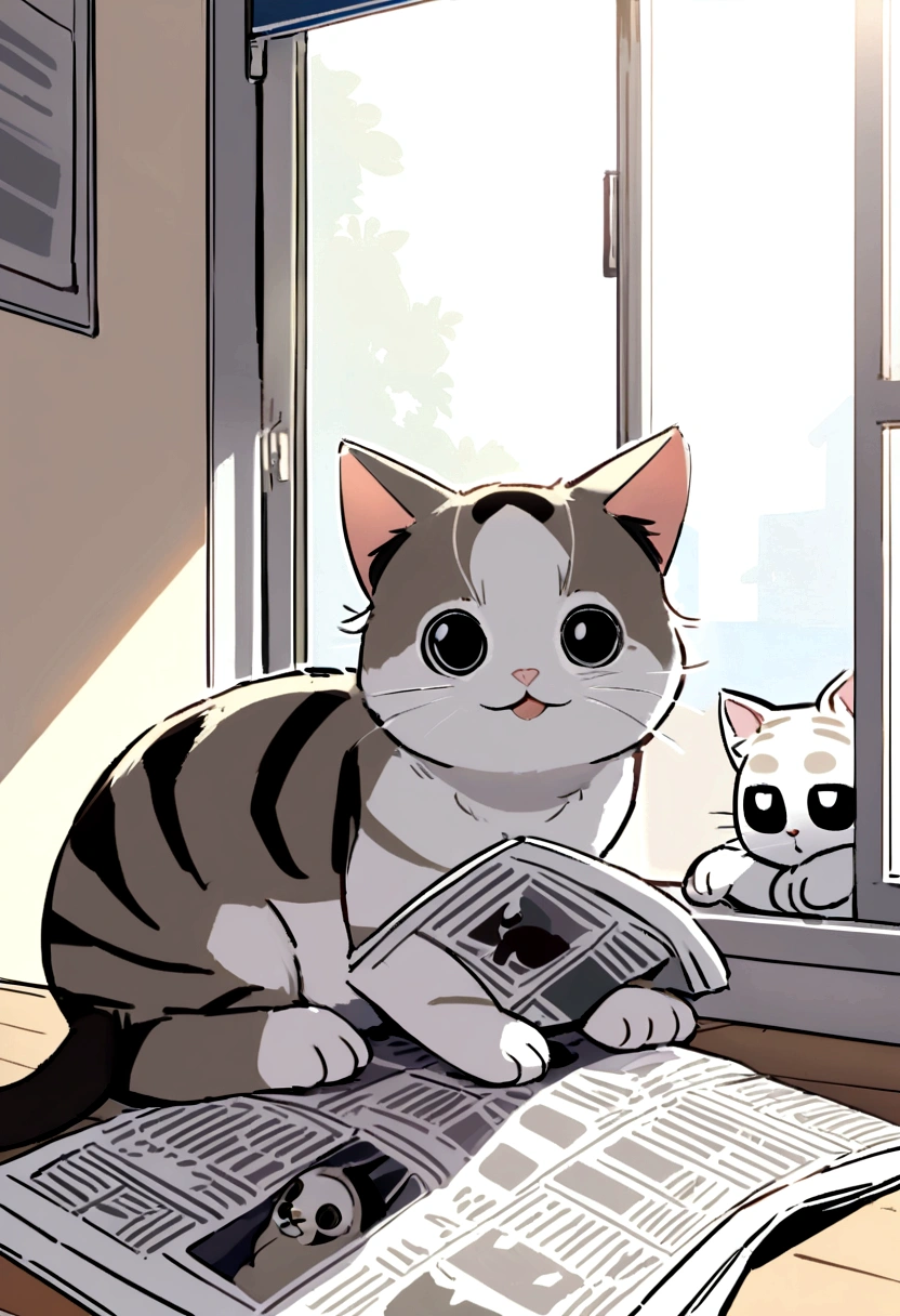 Cute cat with round eyes,read the newspaper, Sunshine outside the window,black and white tabby cat,sloth,I love being coquettish