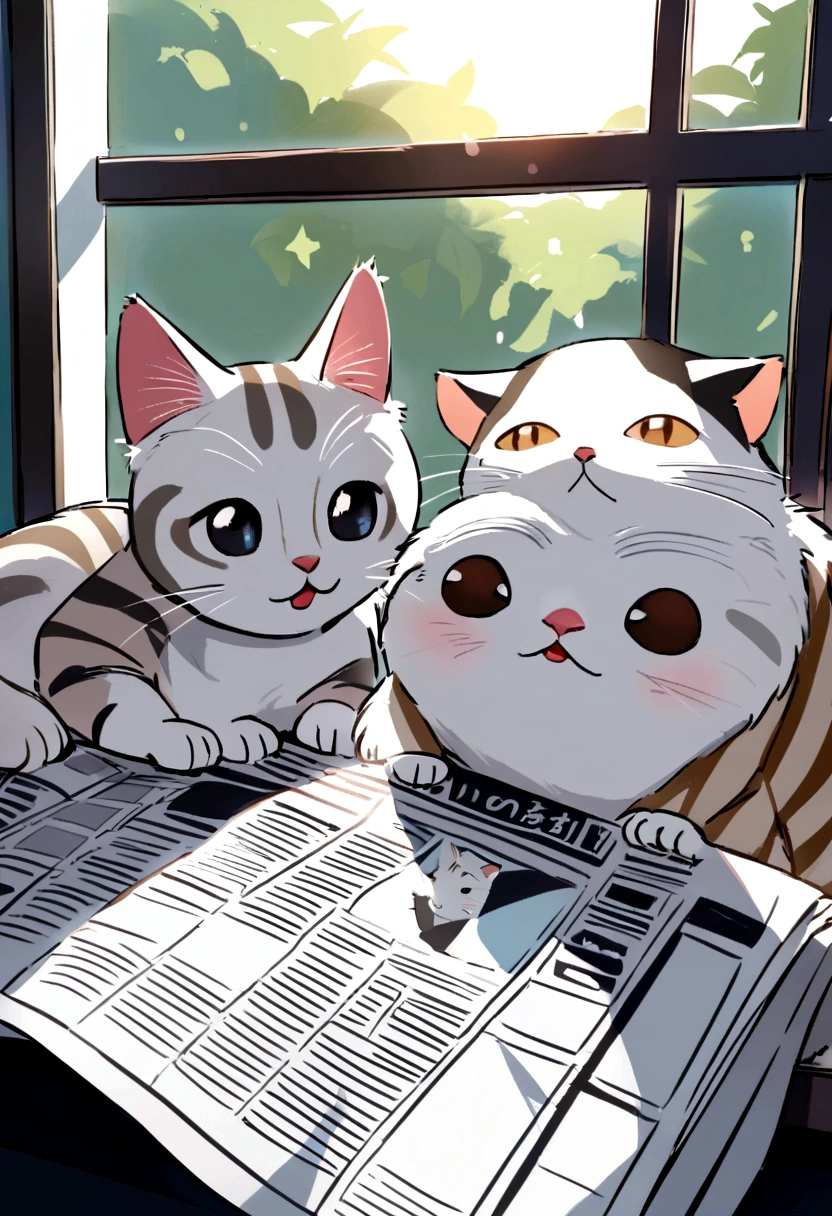 Cute cat with round eyes,read the newspaper, Sunshine outside the window,black and white tabby cat,sloth,I love being coquettish
