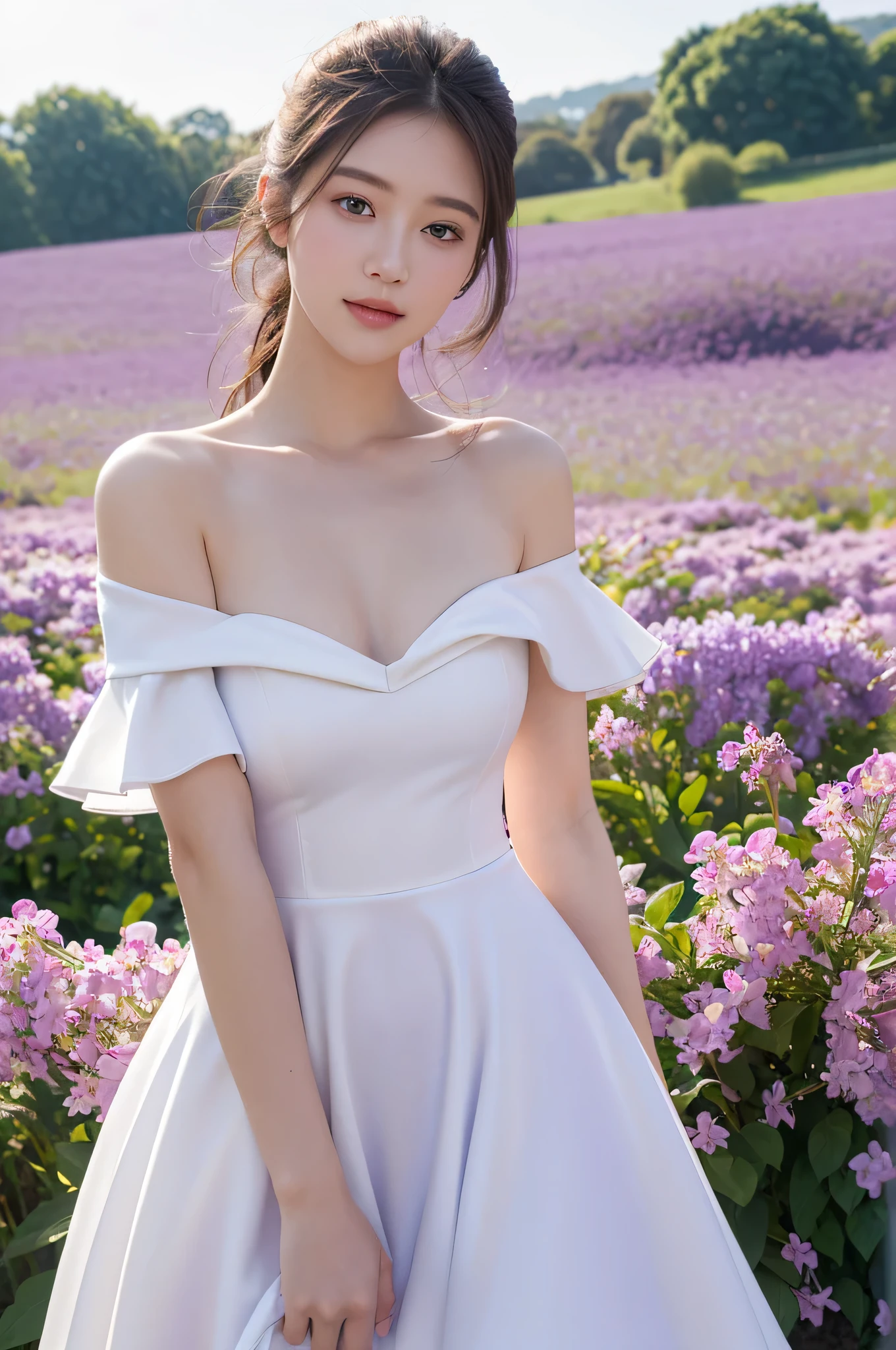 best quality, masterpiece, Ultra-high resolution, (Reality:1.4), RAW photos, 1 Girl, White Dress, Off-shoulder, Blooming violet flower field, Radiant Skin, A faint smile,Big breasts
