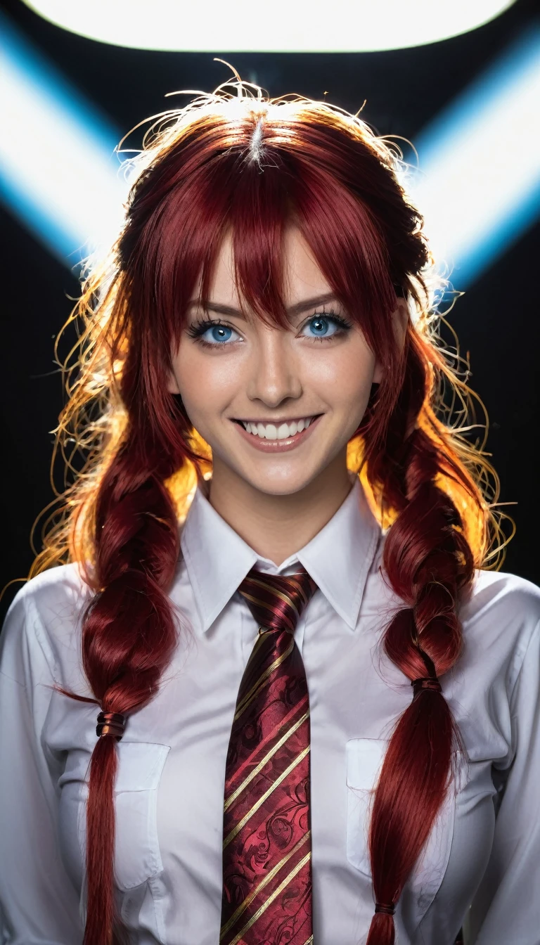 hands (Chainsaw Man), best quality, ultra detailed, 1 girl, alone, Stand, Red hair, long braided hair, gold eyes, bangs, medium breasts, white latex shirt, necktie, stare, smile, (devilish:1.2), Viewers look at, (Interview:1.3), (dark background), from bottom, sharp contrast , Beautiful, detailled eyes, ass focus , close up shot , glowing blue eyes,front view