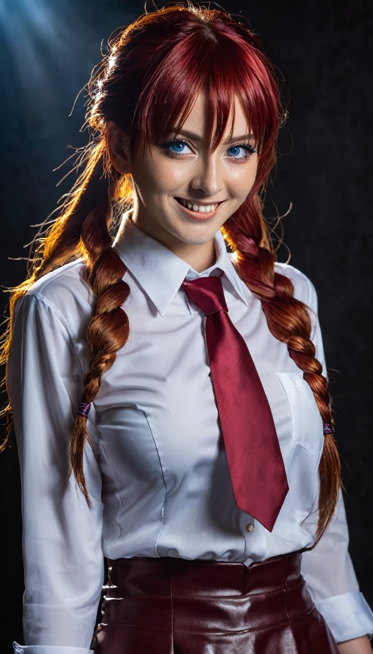 hands (Chainsaw Man), best quality, ultra detailed, 1 girl, alone, Stand, Red hair, long braided hair, gold eyes, bangs, medium breasts, white latex shirt, necktie, stare, smile, (devilish:1.2), Viewers look at, (Interview:1.3), (dark background), from bottom, sharp contrast , Beautiful, detailled eyes, ass focus , close up shot , glowing blue eyes,front view
