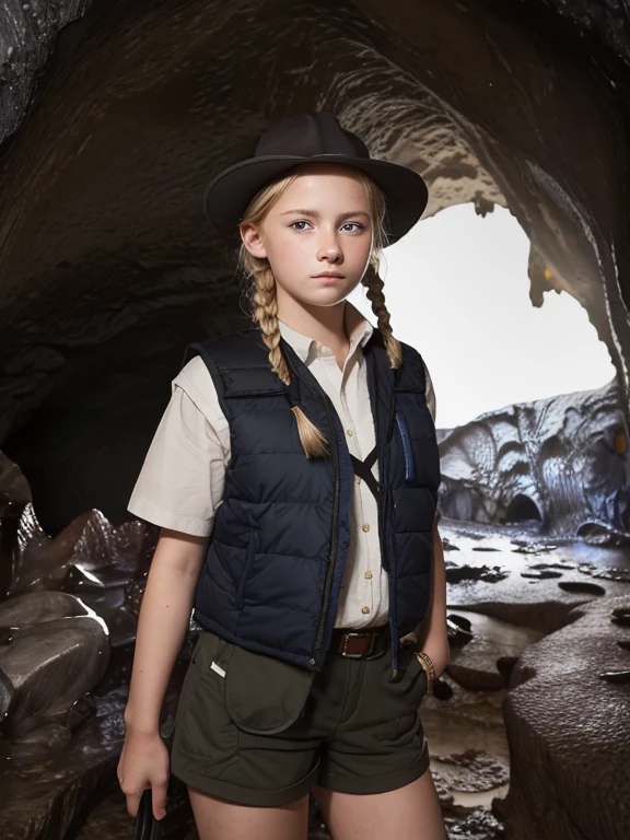 masterpiece, Highest quality, Very detailed, 16K, Ultra-high resolution、, Perfect Fingers, Detailed face, blue eyes, Blonde, Braid, Expedition clothing, A vest with many pockets, Shorts, thick soled boots, Safari Hat, (Inside the cave:1.5), (dark:1.5), lanthanum, explore