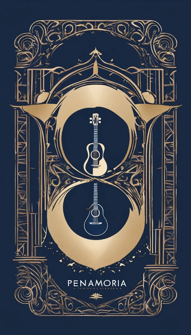 A minimal, modern, simple, cinematic logo design for the brand “Penamemoria". The logo design must be a simple, silhouette of a boy, standing up, playing acoustic guitar and fantasy feather by his side. The logo must convey a sense of music, stories, memories and dreams. Logo design impressed on a book cover. Minimalistic logo. Soft blue, white and golden as colors for the logo design