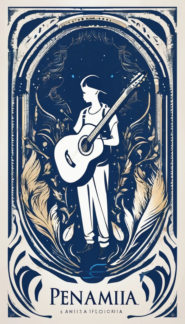 A minimal, modern, simple, cinematic logo design for the brand “Penamemoria". The logo design must be a simple, silhouette of a boy, standing up, playing acoustic guitar and fantasy feather by his side. The logo must convey a sense of music, stories, memories and dreams. Logo design impressed on a book cover. Minimalistic logo. Soft blue, white and golden as colors for the logo design