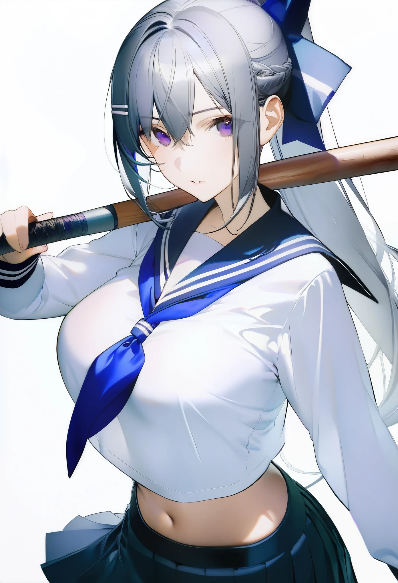 (liduke:0.6), (konya karasue:1.2), higuchi kaede, 1girl, grey hair, long hair, ponytail, purple eyes, large breasts, baseball bat, black skirt, holding baseball bat, long sleeves, neckerchief, navel, pleated skirt, sailor collar, , serafuku, simple background, solo, (beautiful color, amazing quality)