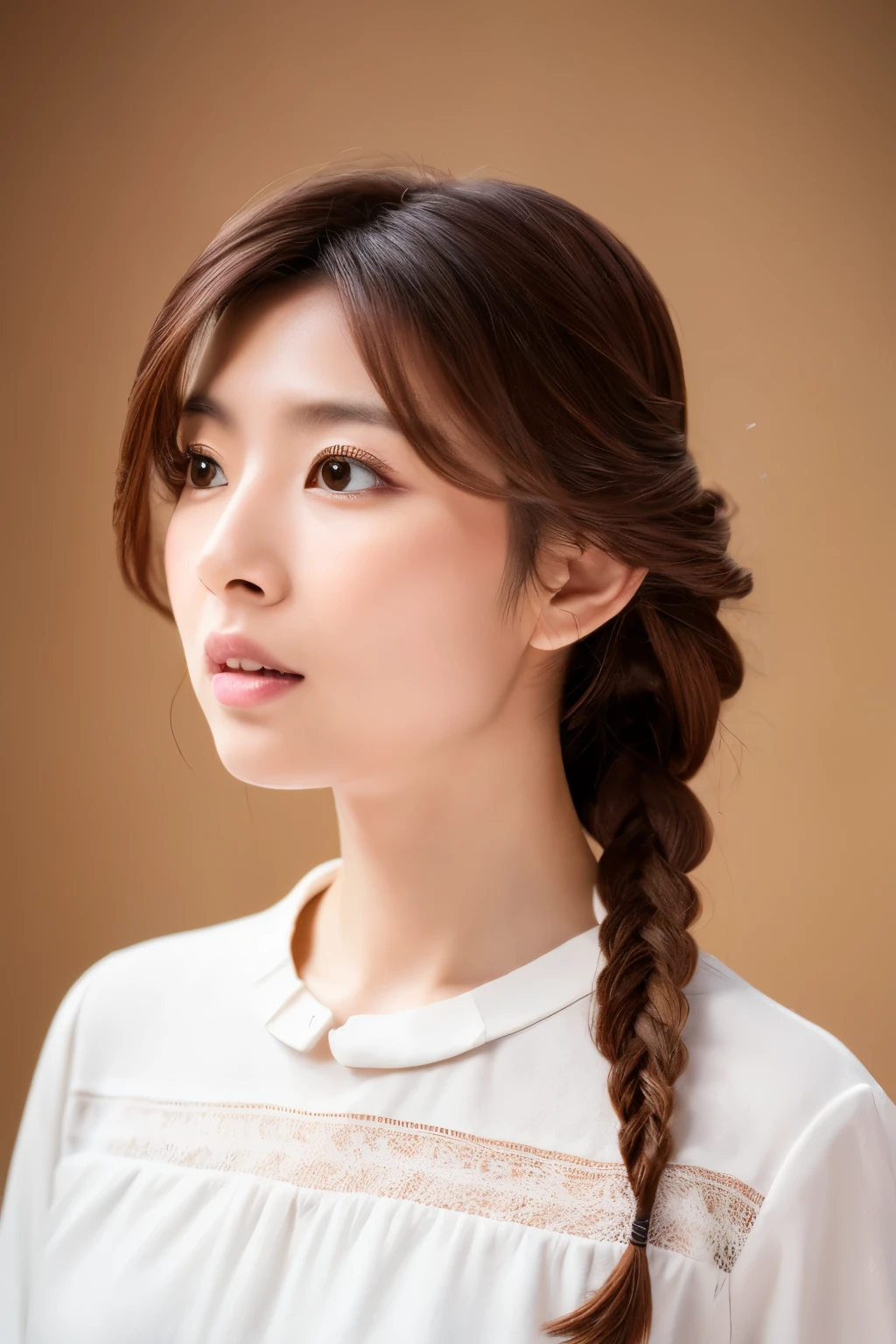 Masterpiece, high quality, high resolution, 8K, HD, creative photo, ((Correct human body structure)), (detailed face, detailed eyes), A Japanese woman, 30 years old, braid hair, white blouse, various background color, looking straight at viewer