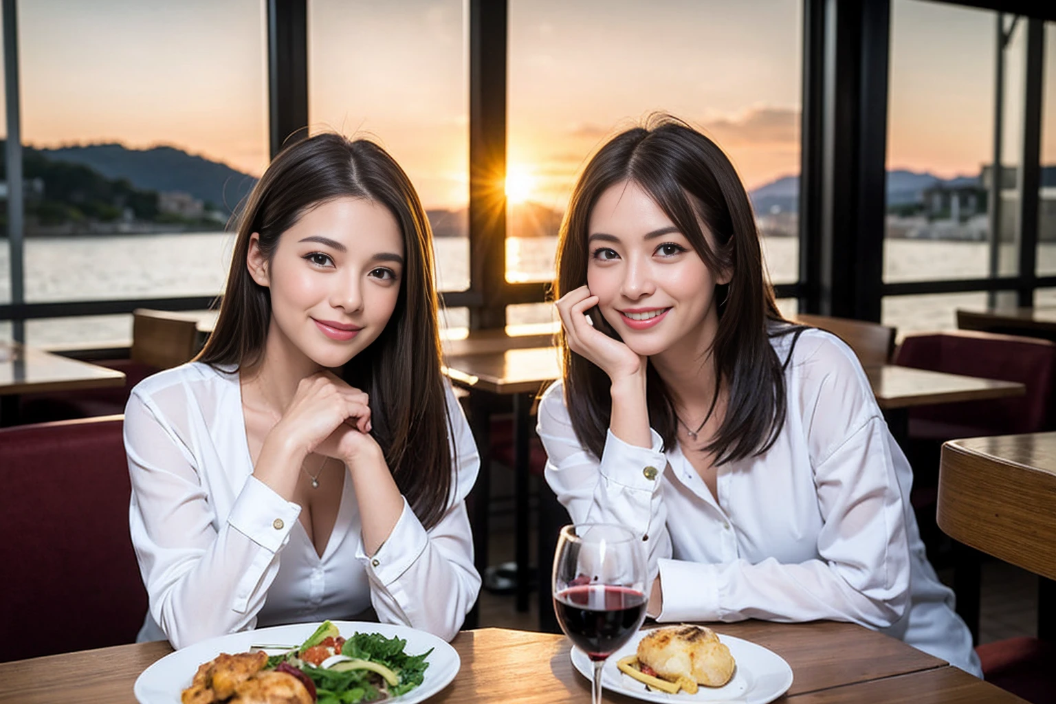 ((Highest quality、、masterpiece:1.3))、1 male、1 female、spouse、Beautiful couple、smile、full-course dinner、 (Slim face), (the body is スリム), (Brown Hair), (Shortcuts), ((Bob Hale、Straight hair:1.2)), テーブルの上のwine glass、Put the light on your face、 Amazing view of the sunset sky and clouds、smileの美しさ、Bright image、Blushing, Shortcuts, (43 years old), 39 years old, Appetizers、Italian food、Wine bottle、Champagne、sparkling wine、Long sleeve shirt、dress、Attractive beauty、restaurant, Nova Frog Style, actress, model, Upper Body, White wine, red wine, wine glass, 