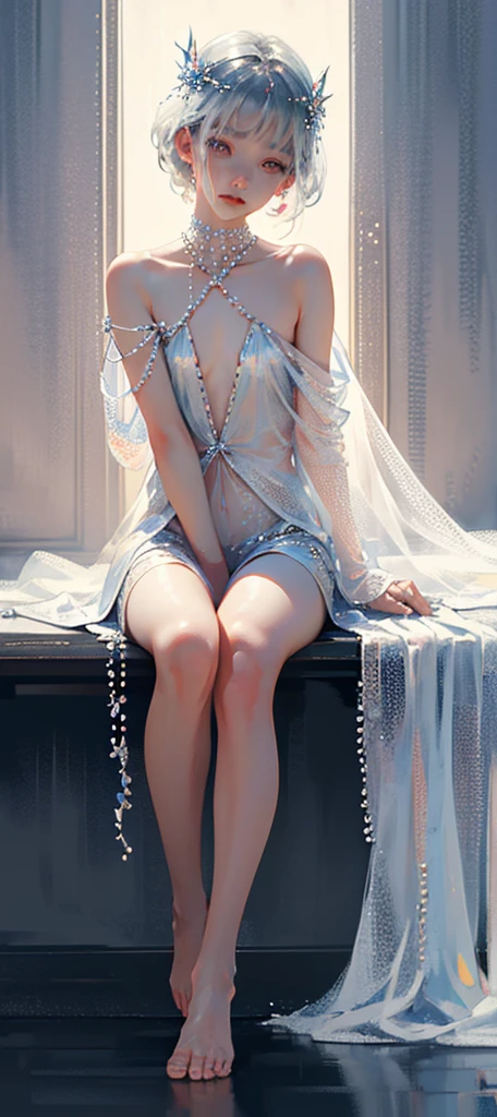 A girl、symmetry,Daughter,whole body 女恋,Put your hands together and bloom,(Very detailed:1.1),((small :1.2))、The eyes are well drawn、Charming eyes、Double tail、Wear jewelry and pearls around your neck,Transparent openwork、Deep V、Crystal Pearls、在Wear jewelry and pearls around your neck,white hair, show your thighs, Bare shoulders, Show Clavicle, Yao Liu, barefoot,((whole body))、painful posture