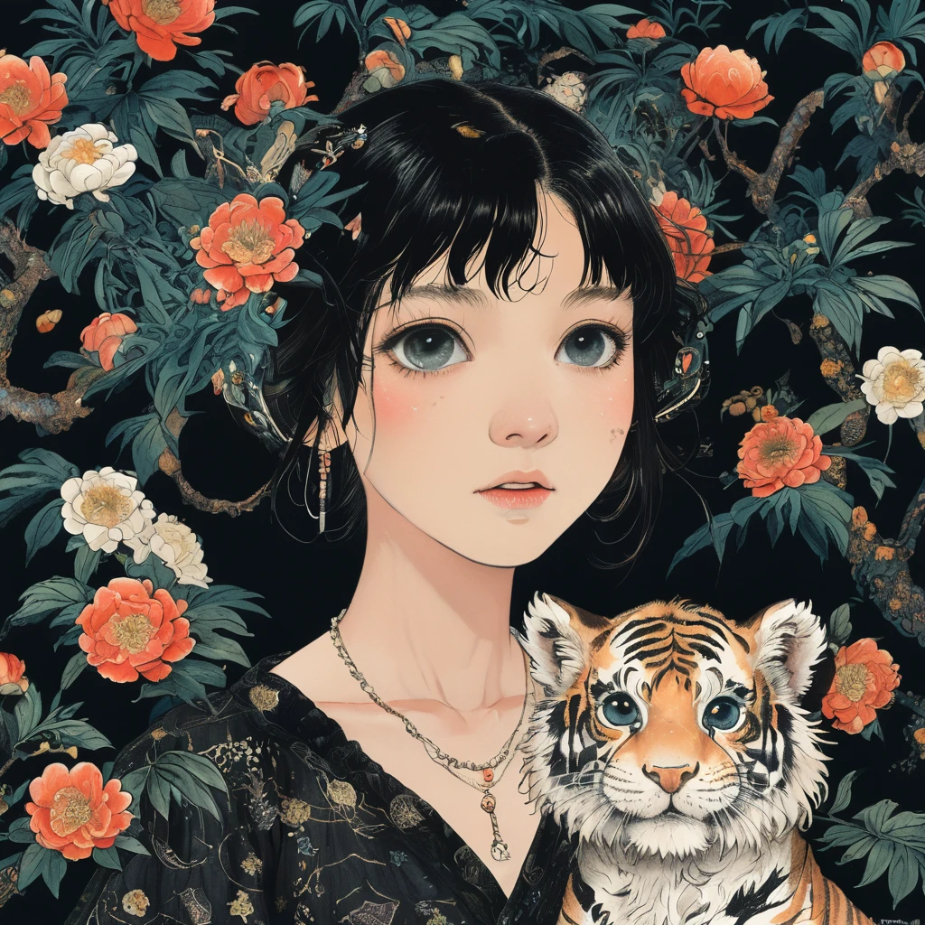 A girl with black hair and white eyes, dressed in dark , stands next to an anthropomorphic tiger, both looking at the camera. The background is adorned with intricate patterns of flowers and leaves., with a black color scheme, taken from a low angle shot, with high resolution and high detail, a masterpiece.