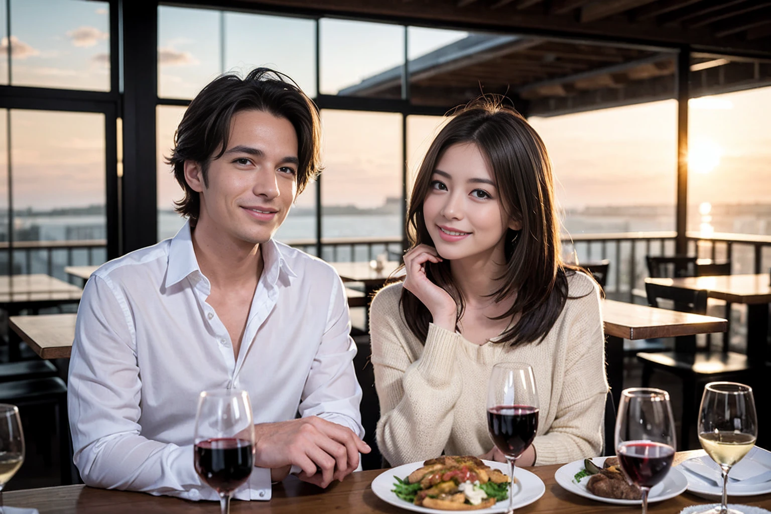 ((Highest quality、、masterpiece:1.3))、1 male、1 female、Satomi Ishihara、Beautiful couple、smile、full-course dinner、 (Slim face), (the body is スリム), (Brown Hair), (Shortcuts), ((Bob Hale、Straight hair:1.2)), テーブルの上のwine glass、Put the light on your face、 Amazing view of the sunset sky and clouds、smileの美しさ、Bright image、Blushing, Shortcuts, (43 years old), 39 years old, Appetizers、Italian food、Wine bottle、Champagne、sparkling wine、Long sleeve shirt、dress、Attractive beauty、restaurant, Nova Frog Style, actress, model, Upper Body, White wine, red wine, wine glass, 