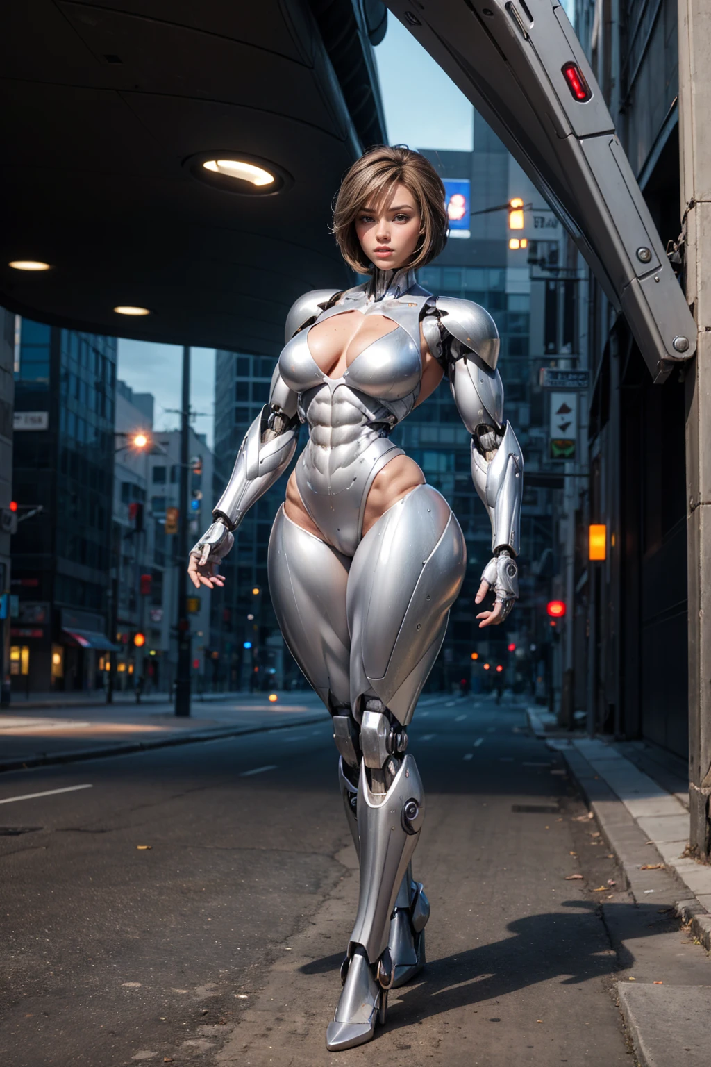 (Muscular:1.8), (thick thighs:1), (large round breasts:1), (large muscular chest and shoulders:1.4), FEMALE, brown hair, long brown hair, (big smile:0), (tight mecha arm, tall cute silver cyborg:1.5), looking at viewer, (three quarter view:1.3), upper body view, (futuristic sidewalk:1.5), dark lighting, detailed skin, detailed eyes, (dark skin:1.), (very thin waist:1.3), (huge round muscles:1.5), (one protagonist:1.5), (tall:1.9),