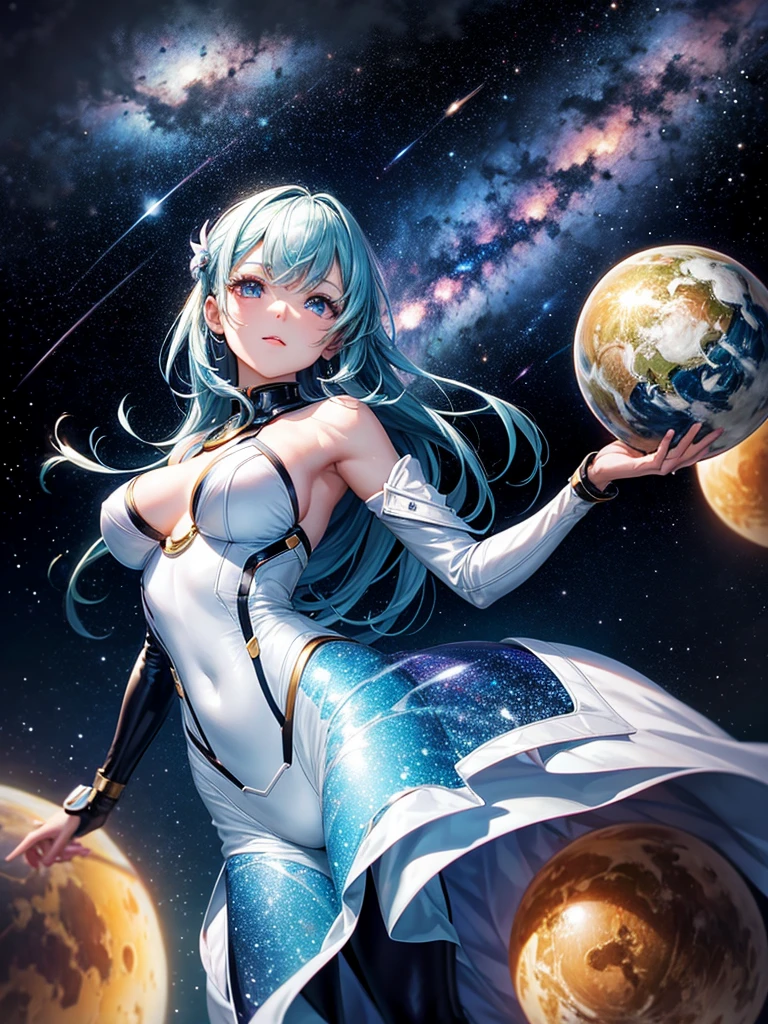 Highest quality,Highest Resolution,A beautiful android girl from the future who travels through space,Earth in the background,Milky Way,