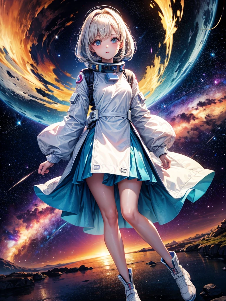 Highest quality,Highest Resolution,A beautiful android girl from the future who travels through space,Earth in the background,Milky Way,