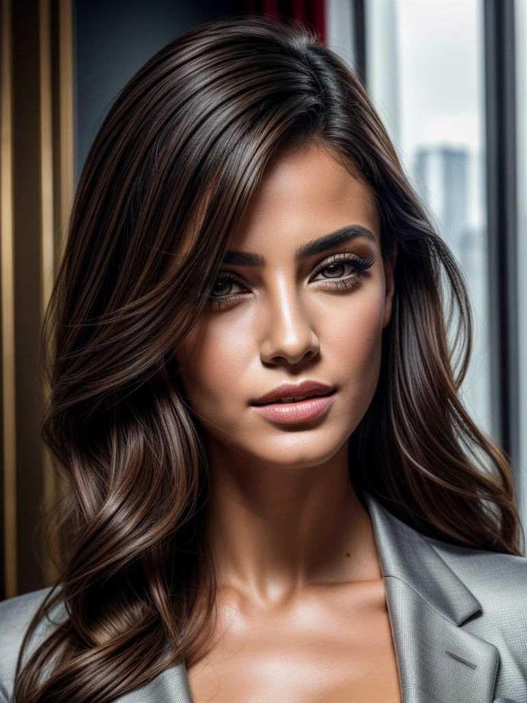 Masterpiece, an award winning portrait of an Italian 30 years old female beautiful business executive, ultra detailed face, ultra high detailed eyes, ultra realistic skin, (textured skin, skin pores, half body shot:1.1), tan skin, dark brown long wavy hair, hair over one eye, brown eyes, dark eyes, thin eyebrows, perfect teeth, red lipstick, seductive makeup, Armani luxury business suit, 32K, ultra high res.photorealistic, UHD, Leica SL2 + Leica Vario-Elmarit-SL 24-70 f/2.8 ASPH, RAW, sharp ,natural lighting, a corporate photography, top executive luxurious office in the background