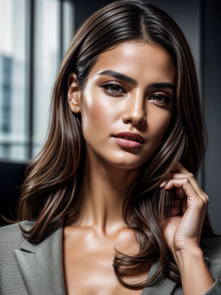 Masterpiece, an award winning portrait of an Italian 30 years old female beautiful business executive, ultra detailed face, ultra high detailed eyes, ultra realistic skin, (textured skin, skin pores, half body shot:1.1), tan skin, dark brown long wavy hair, hair over one eye, brown eyes, dark eyes, thin eyebrows, perfect teeth, red lipstick, seductive makeup, Armani luxury business suit, 32K, ultra high res.photorealistic, UHD, Leica SL2 + Leica Vario-Elmarit-SL 24-70 f/2.8 ASPH, RAW, sharp ,natural lighting, a corporate photography, top executive luxurious office in the background