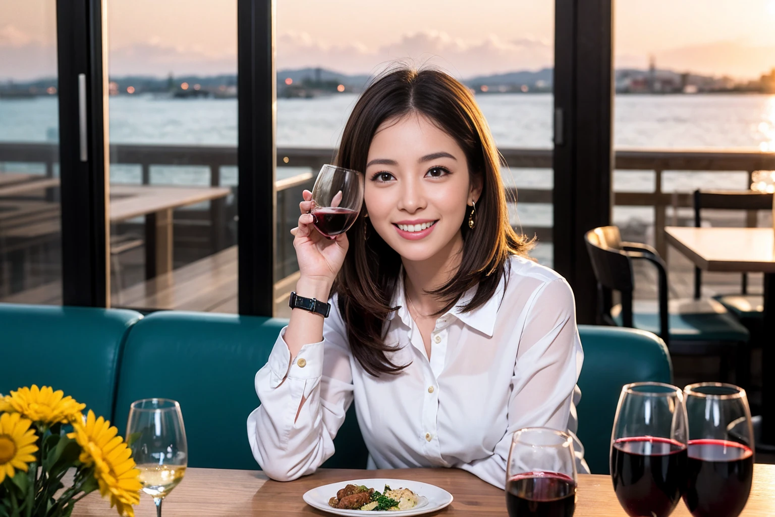((Highest quality、8K、masterpiece:1.3))、1 male、1 female、Satomi Ishihara、Beautiful couple、smile、full-course dinner、 (Slim face), (the body is スリム), (Brown Hair), (Shortcuts), ((Bob Hale、Straight hair:1.2)), テーブルの上のwine glass、Put the light on your face、 Amazing view of the sunset sky and clouds、smileの美しさ、Bright image、Blushing, Shortcuts, (43 years old), 39 years old, Appetizers、Italian food、Wine bottle、Champagne、sparkling wine、Long sleeve shirt、dress、Attractive beauty、restaurant, Nova Frog Style, actress, model, Upper Body, White wine, red wine, wine glass,