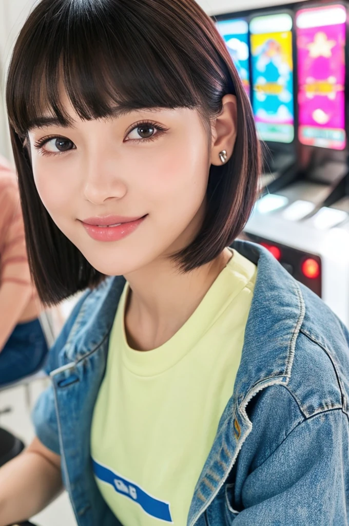 Game center, professional gamer, ((full body)), ((photo)), ((best qualtiy, 8K, tmasterpiece: 1.3)), Focus: 1.2, perfect figure beautiful girl: 1.4, 1girl, cowboy shot, look at viewer, eyes facing the camera, incredibly absurd, beautiful and cute girl with a photorealistic face, showcasing top-quality craftsmanship, A Japanese girl playing games at an arcade, 17 years old, with a bob cut, silky black hair, bangs cut at an angle to reveal her right eye, large eyes, a soft smile, tanned skin, thin and well-formed eyebrows, straight nose with a rounded tip, thin lips but a healthy, natural pink colour, small ears with pierced ears, a slender neck with a sharp jawline, a small face with well-formed facial features, fair, fine, translucent skin, long eyelashes that make the eye makeup stand out, eyes that are powerful but also kind, Well-aligned, white teeth, healthy, shiny skin and hair, friendly expression, , slender, well-balanced proportions, good posture, beautiful C-cup breasts, white character T-shirt, blue denim jacket, yellow shorts, white sneakers, silver earrings, tote bag with game character illustration printed on it, beautiful girl, moe, devilish type, sociable and easy to talk to, values ​​teamwork, curious and adventurous, has a sense of humor, July